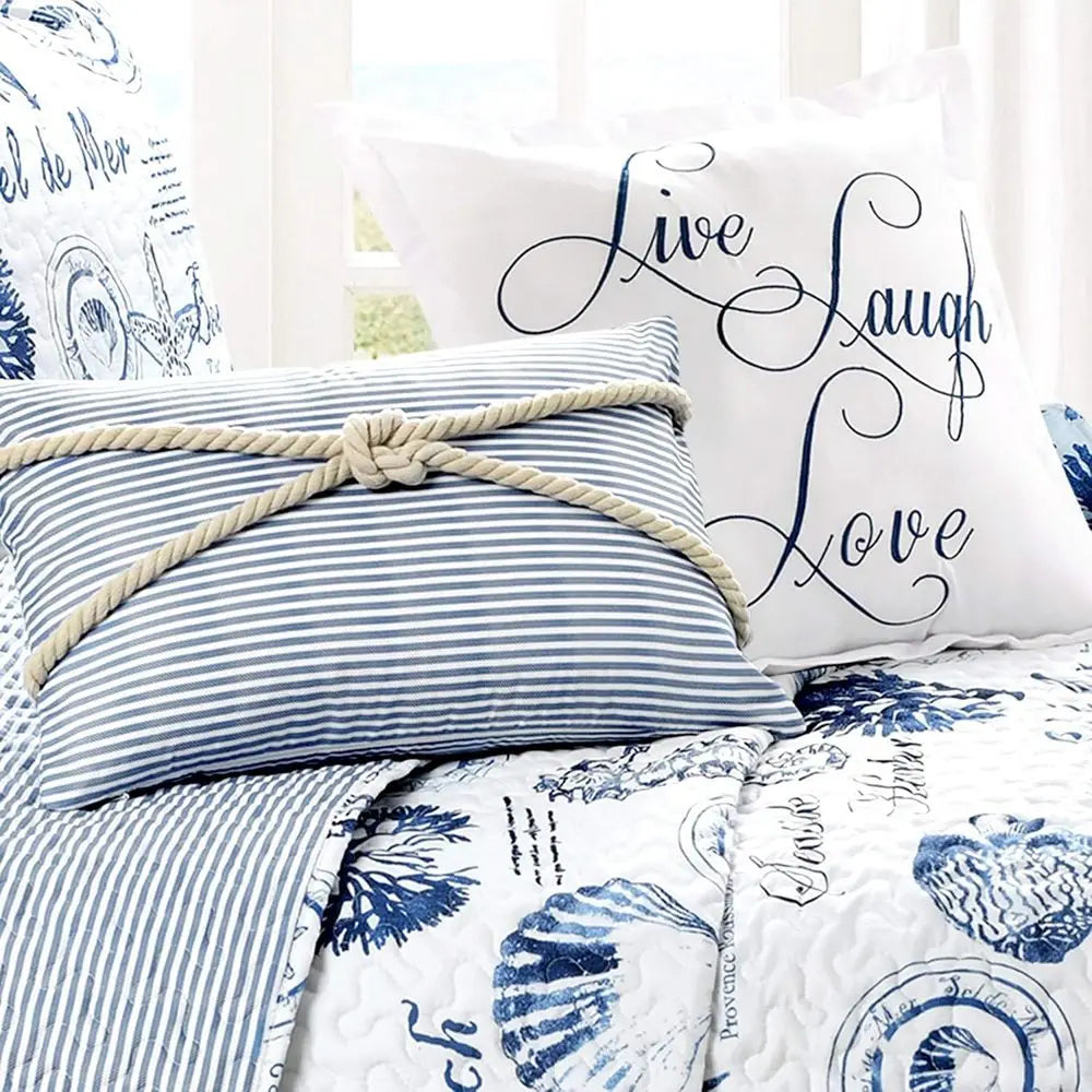 7-Piece Reversible Quilt Set, King Size, Indigo - Elegant Nautical Themed Bedding for Beach House Decor