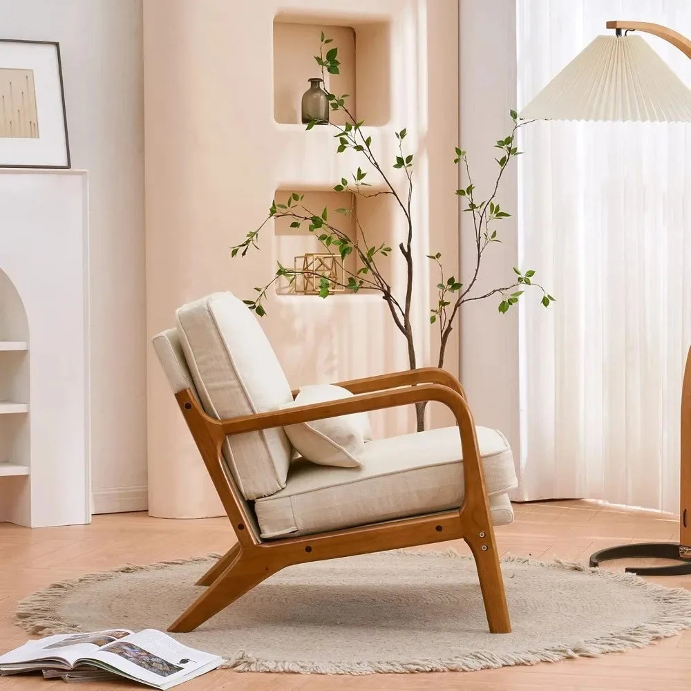 Mid-Century Modern Accent Chair, Living Room Chairs with Pillow Corduroy Upholstered Lounge Armchair with Solid Wood Frame