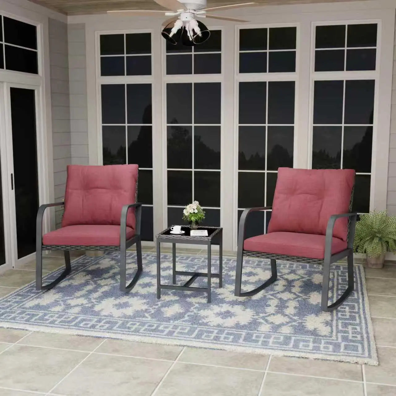 Bistro 3 Piece Patio Furniture Set, Patio Table and Rattan Outdoor Rocking Chairs Set of 2, Outdoor Bistro, Customized
