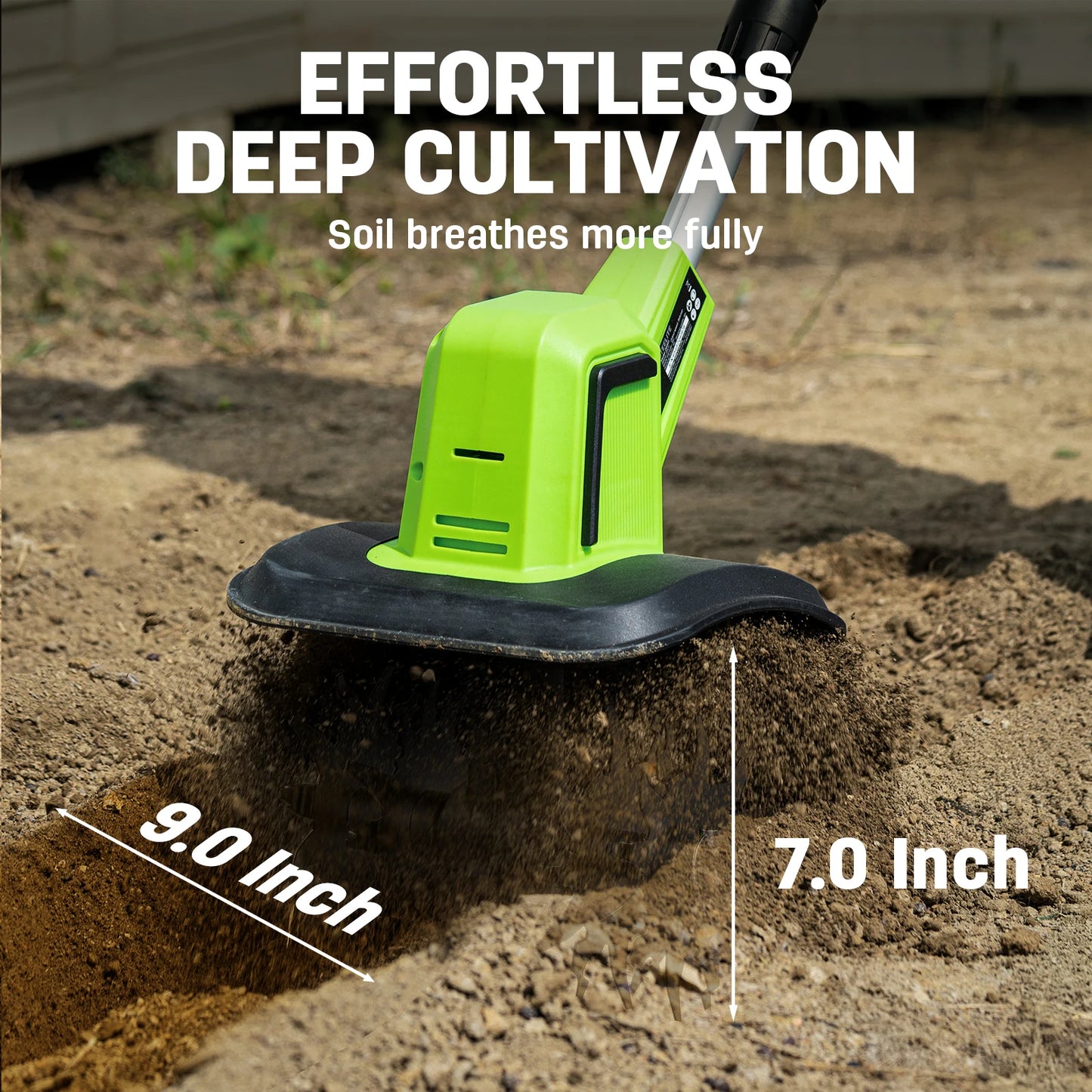 Deli Steelite 21V Cordless Tiller, 9-Inch Electric Garden Cultivator with Battery & Charger, Lightweight