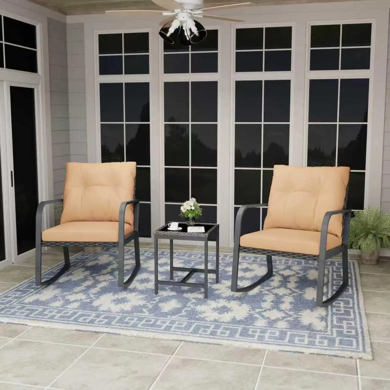 Bistro 3 Piece Patio Furniture Set, Patio Table and Rattan Outdoor Rocking Chairs Set of 2, Outdoor Bistro, Customized