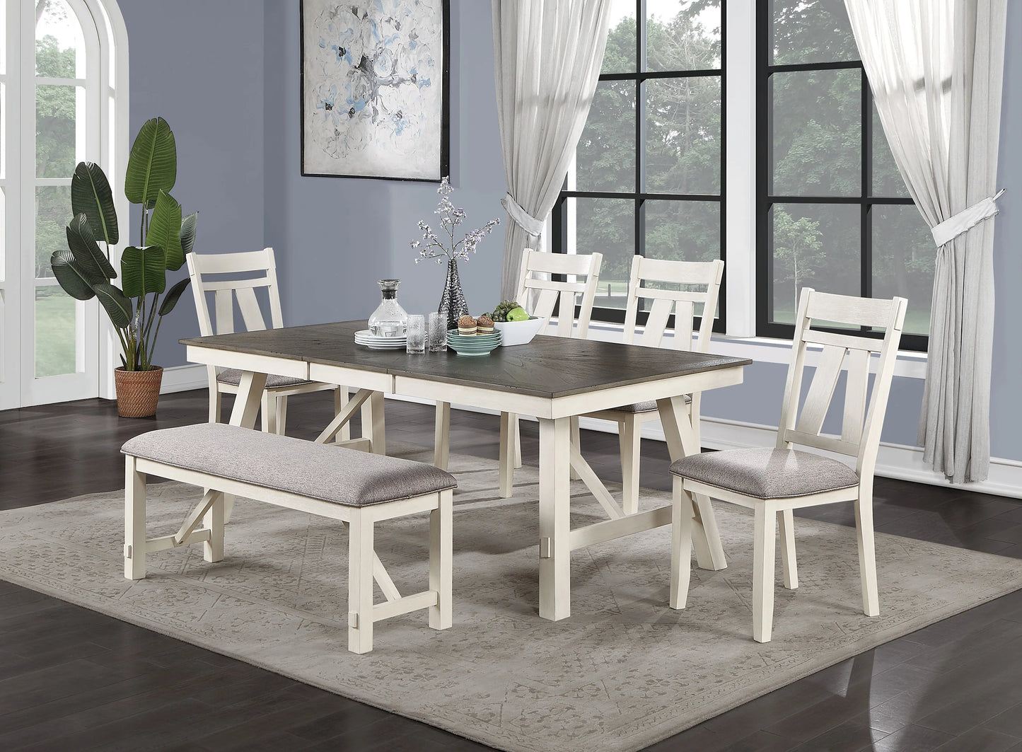 Dining Room Set Six Piece Round Table Leaf Chairs Bench