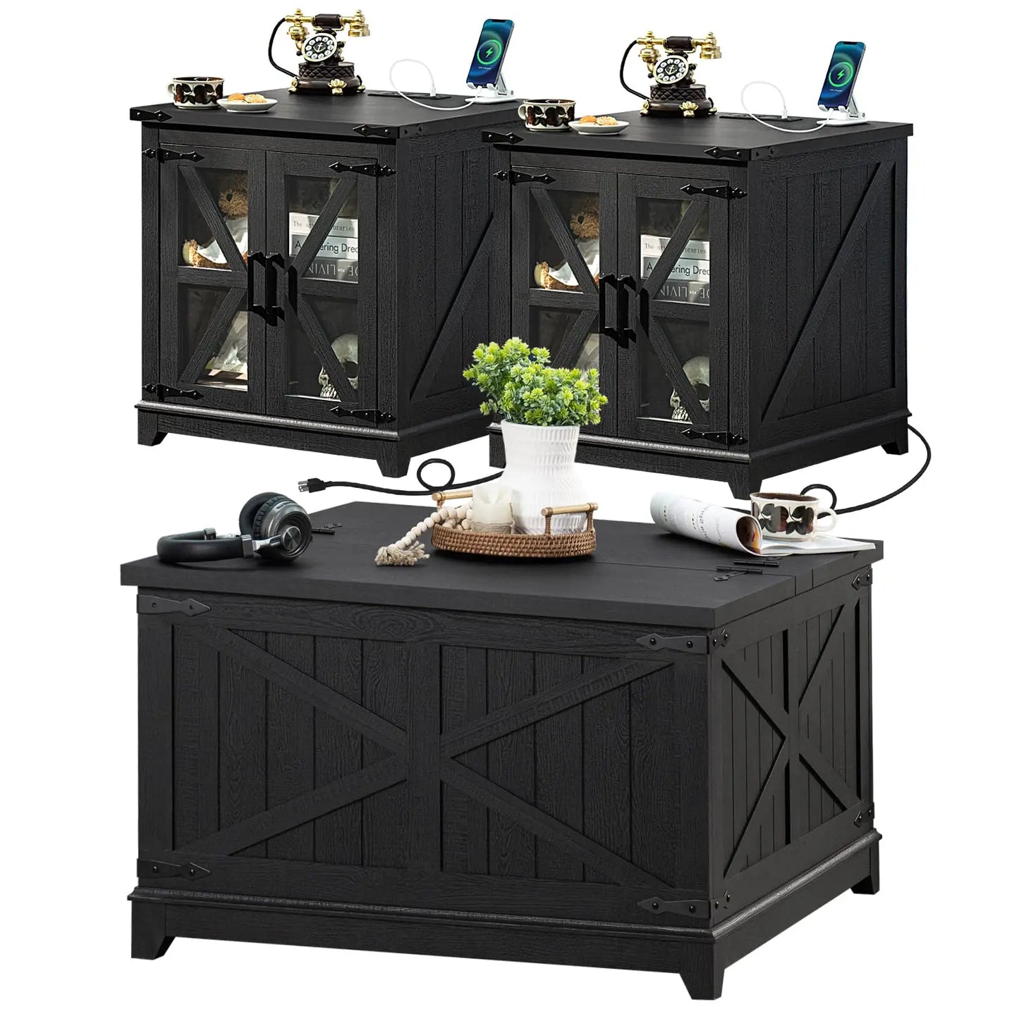 Farmhouse 3 Piece Coffee Table Set With Charging Station