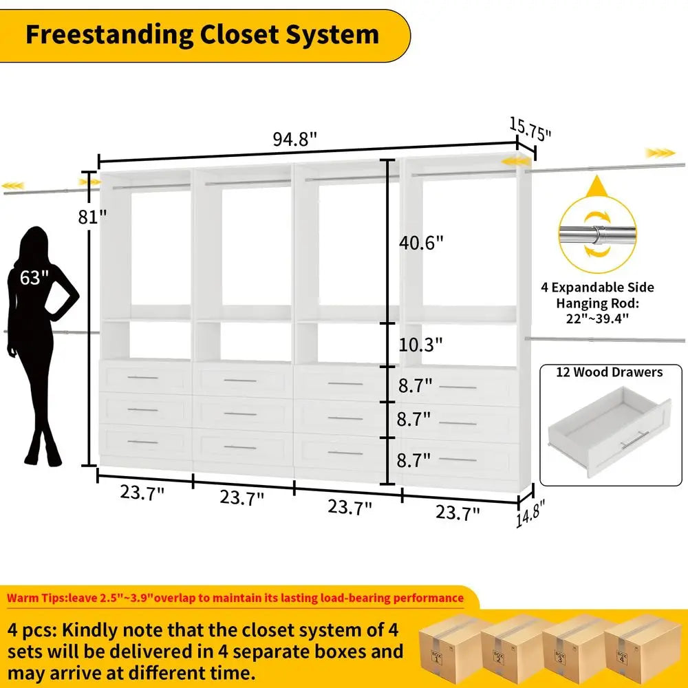 System Set of 4, 8FT21FT Closet System with 12 Drawers amp 8 Hanging Rods Adjustable, Walk in Closet Organizer System Wood with