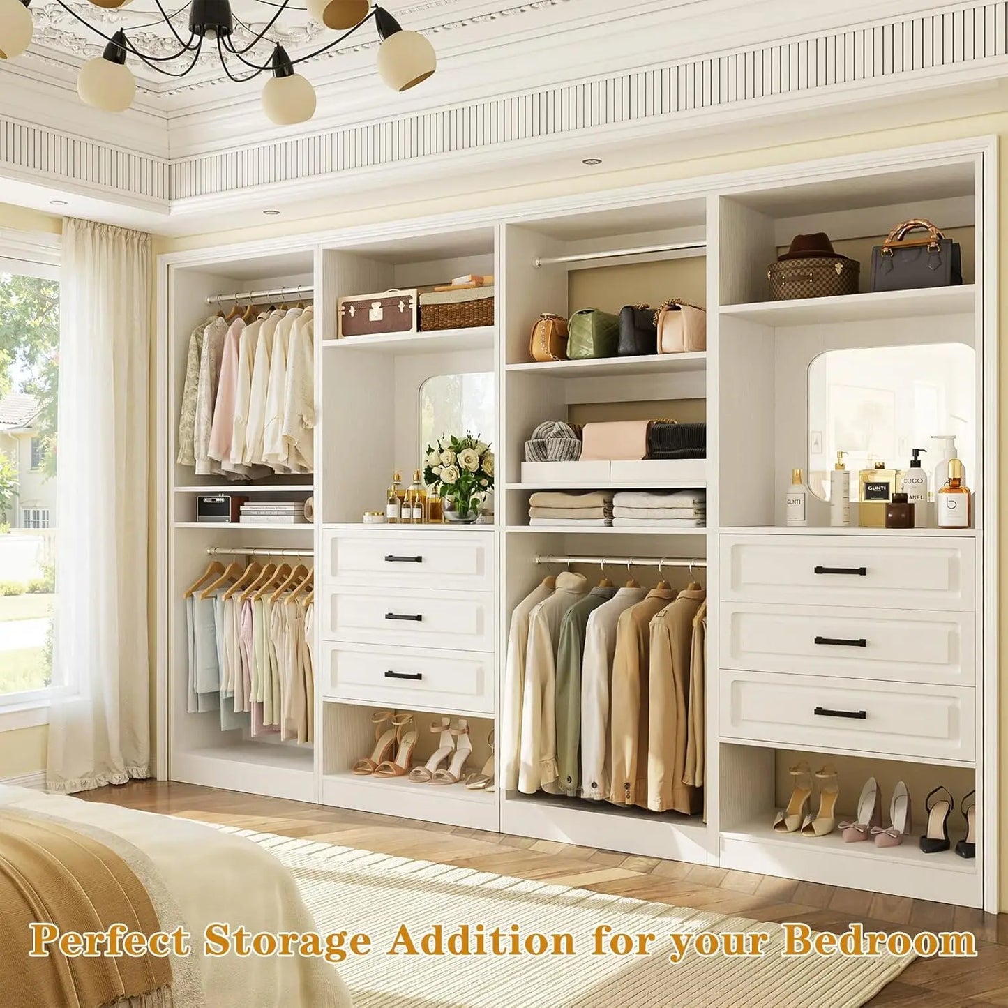 100" Wood Closet Organizer System with Drawers Mirror Adjustable Shelves Hanging Rods Freestanding Walk-in Wardrobe, Customized