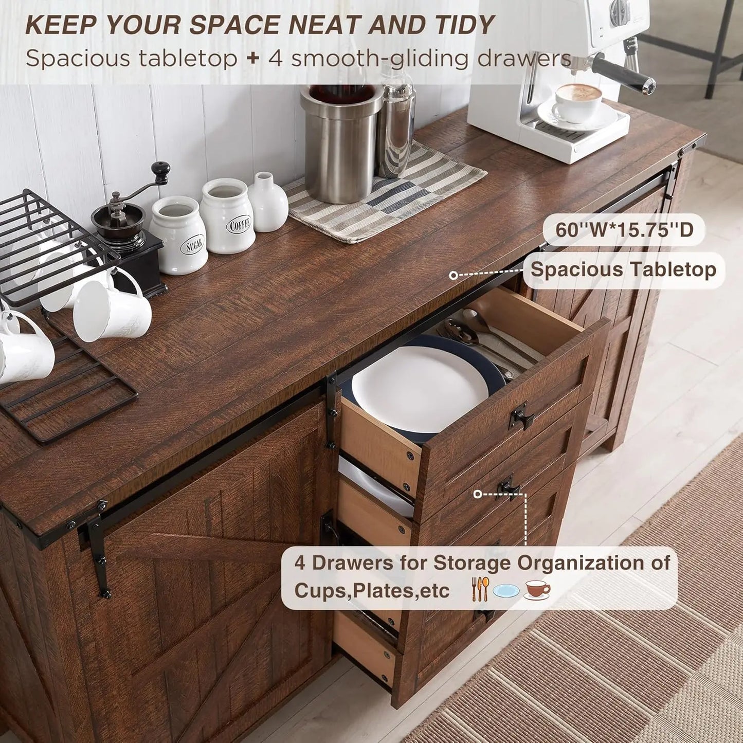 Rustic Wood Kitchen Cabinet With Sliding Barn Doors And Drawers