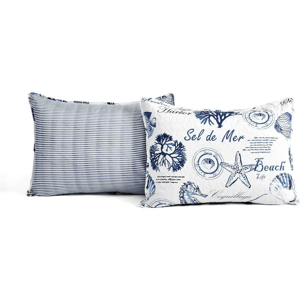 7-Piece Reversible Quilt Set, King Size, Indigo - Elegant Nautical Themed Bedding for Beach House Decor