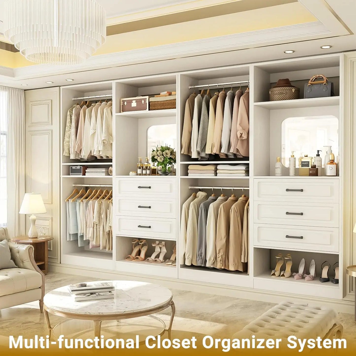 100" Wood Closet Organizer System with Drawers Mirror Adjustable Shelves Hanging Rods Freestanding Walk-in Wardrobe, Customized