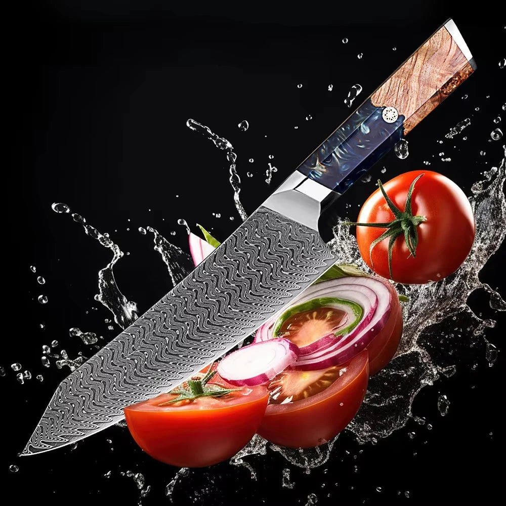 1-9 Pcs Damascus Knife Set Japanese Kitchen Knives VG10 Steel Core Ultra-Sharp Pro Chef Knife Set with Resin & Burl Wood Handles