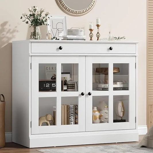 35.4" Oak Sideboard Buffet Cabinet with Glass Door & Drawer & Adjustable Shelf,Modern Storage Buffets & Sideboards for Kitchen