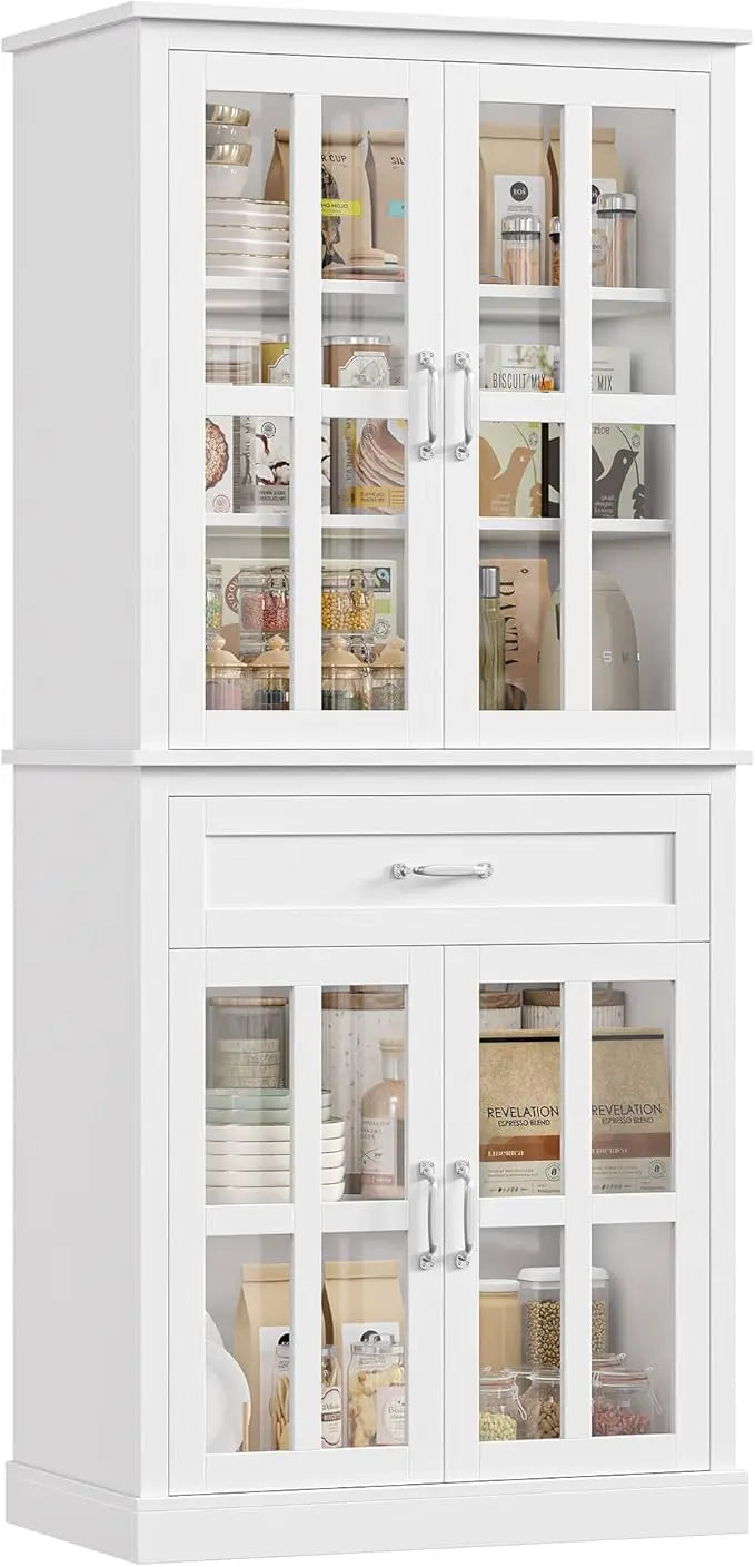 Freestanding Kitchen Pantry Cabinet With Glass Doors And Drawer