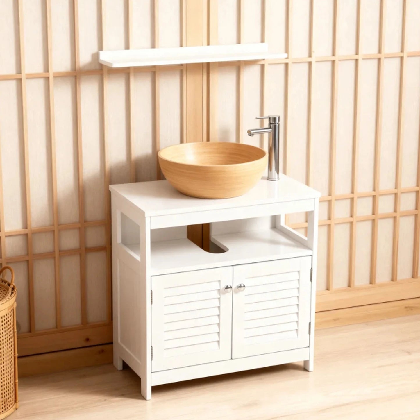 Under Sink Storage Cabinet with 2 Doors Open Shelf U Shape Cut Out Bathroom Under Sink Vanity for Toiletries Makeup
