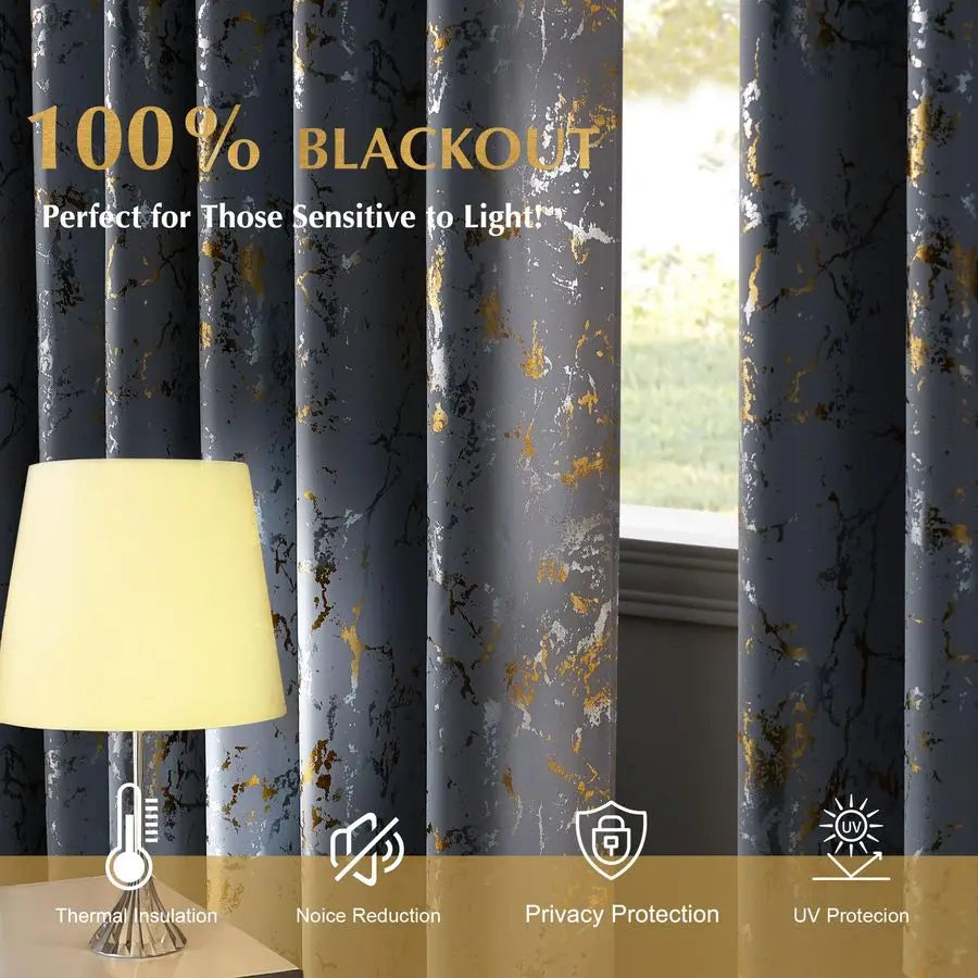 100 Blackout Gold Silver Foil Marble Print White Base Curtains for Living Room Bedroom 84 Inches Long Modern Room Darkening Soun