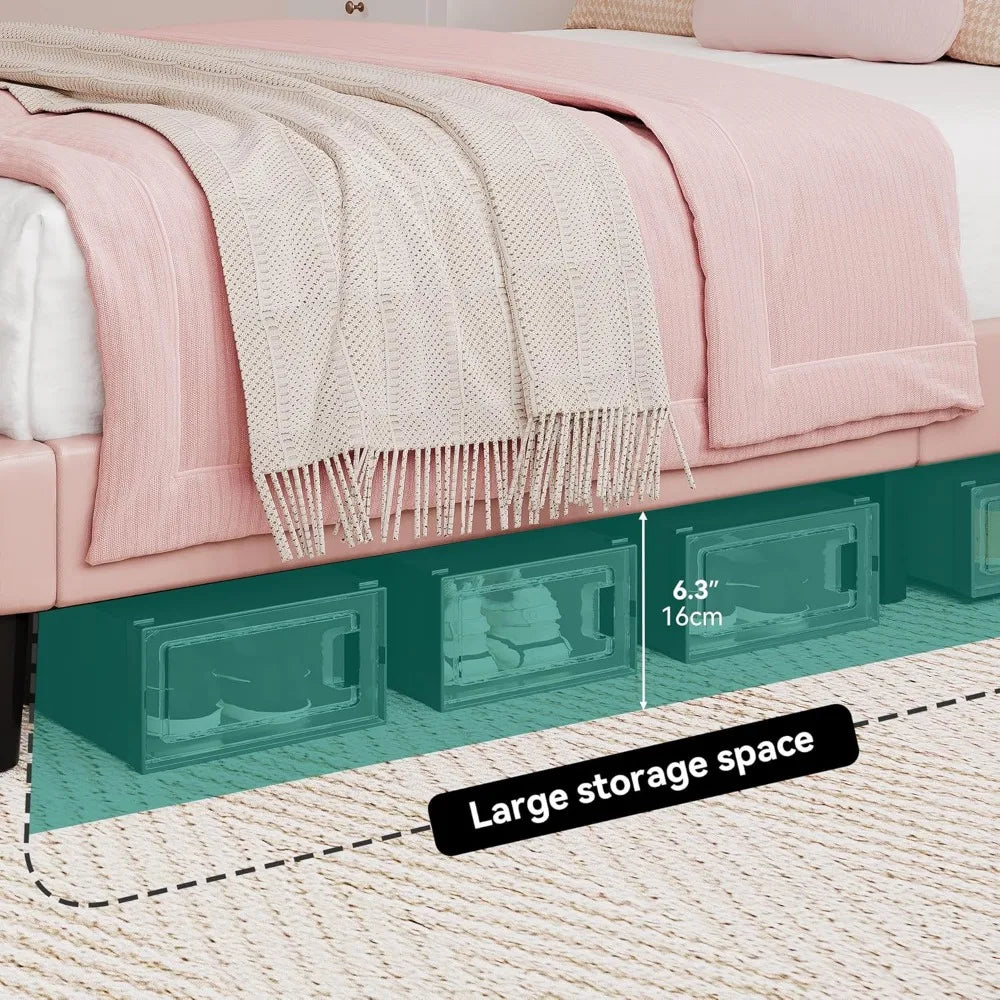 LED Light Upholstered Bed Frame With Adjustable PU Leather Headboard