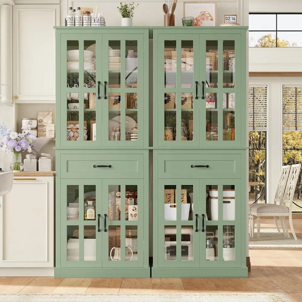 Freestanding Kitchen Pantry Cabinet With Glass Doors And Drawer