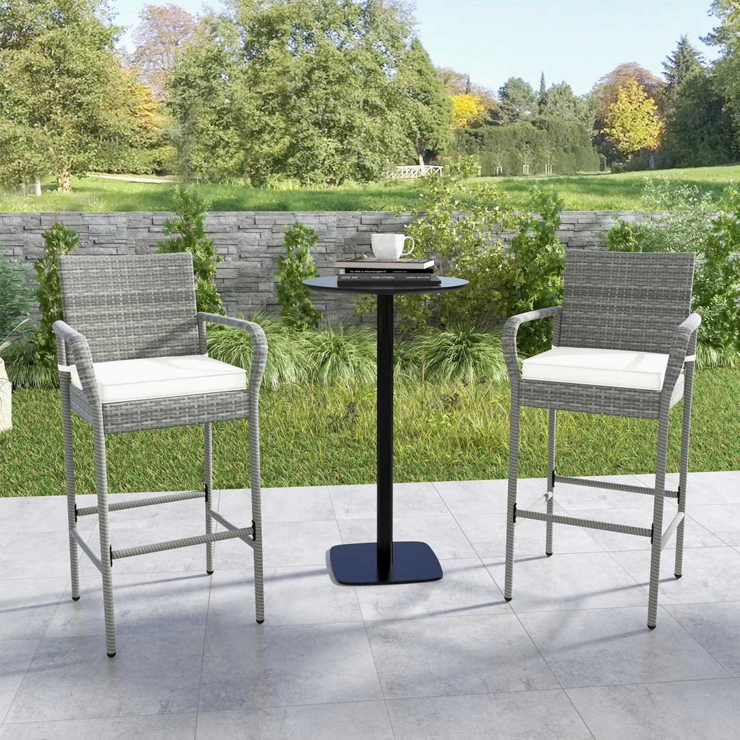 Set Of 4 Rattan Patio Bar Stools Outdoor Bar Height Chairs With Cushions