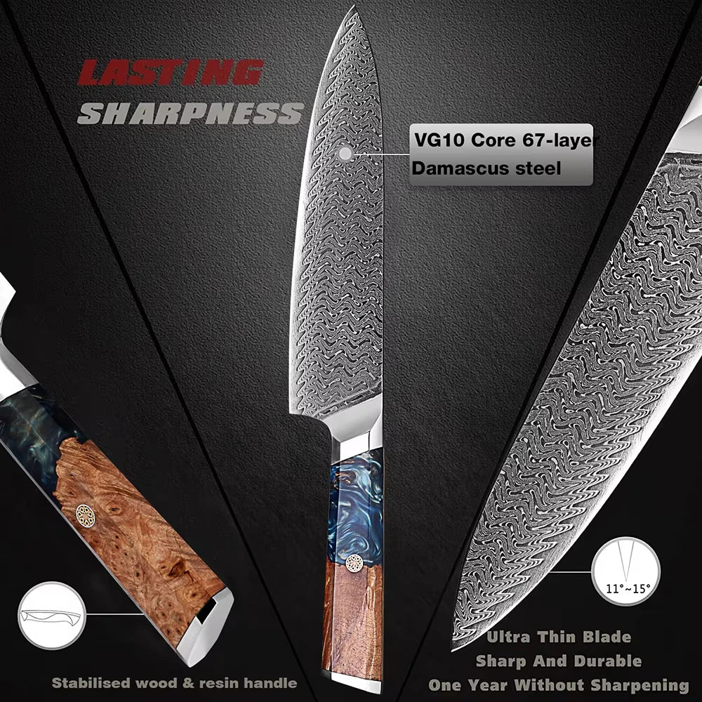 1-9 Pcs Damascus Knife Set Japanese Kitchen Knives VG10 Steel Core Ultra-Sharp Pro Chef Knife Set with Resin & Burl Wood Handles