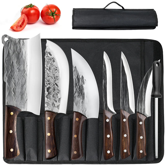 7pcs Kitchen Knife Set with Roll Bag Hand Forged Boning Knife for Meat Cleaver Cutting & Viking Knives with Ergonomic Handle