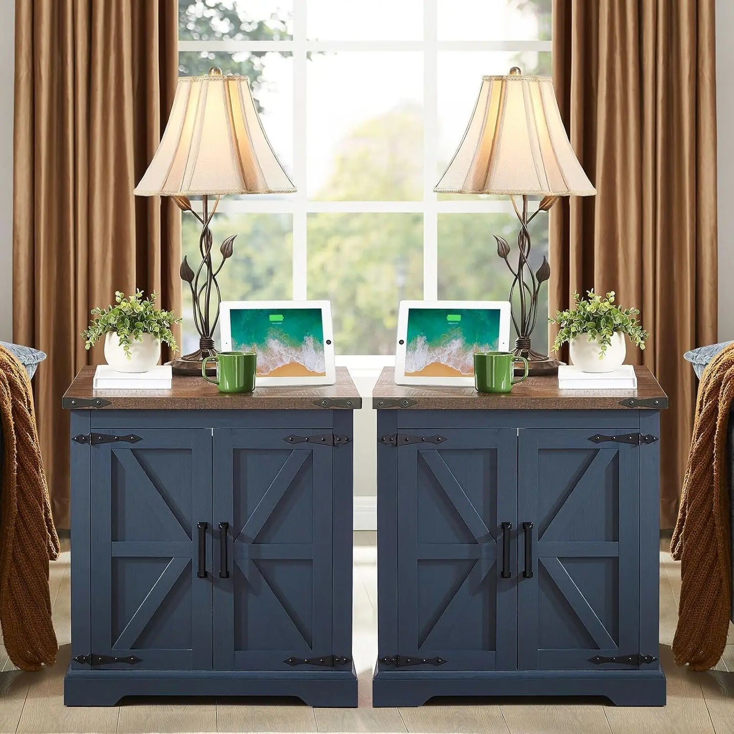 XIAOLANG Farmhouse End Table With Charging Station Set Of 2