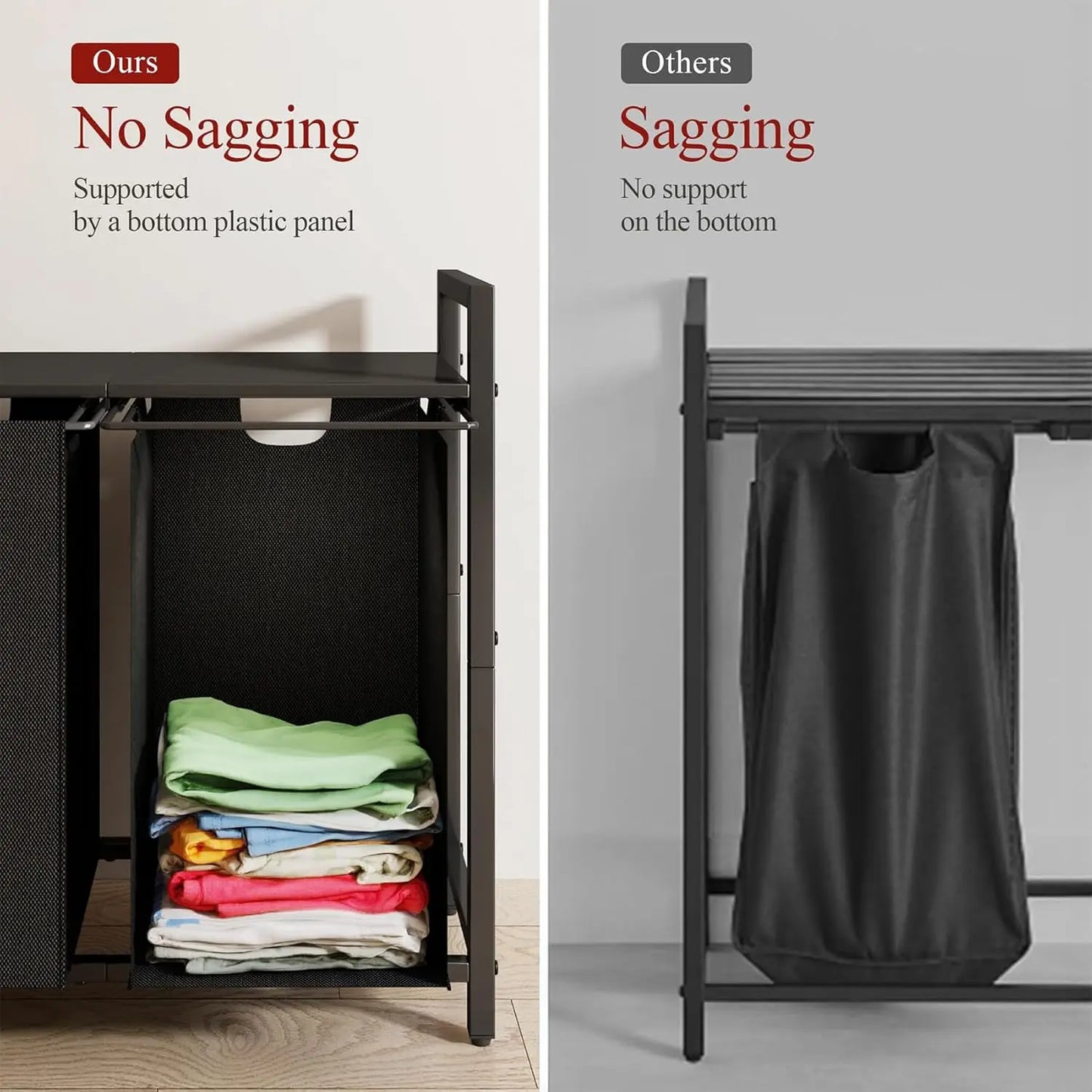 Laundry Basket Organizer with Shelf & Removable Bags, Dual Compartment Hamper for Laundry Room, Bathroom, Dorm