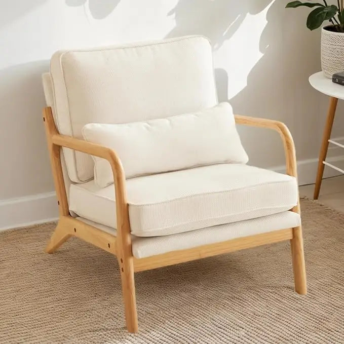Mid-Century Modern Accent Chair, Living Room Chairs with Pillow Corduroy Upholstered Lounge Armchair with Solid Wood Frame