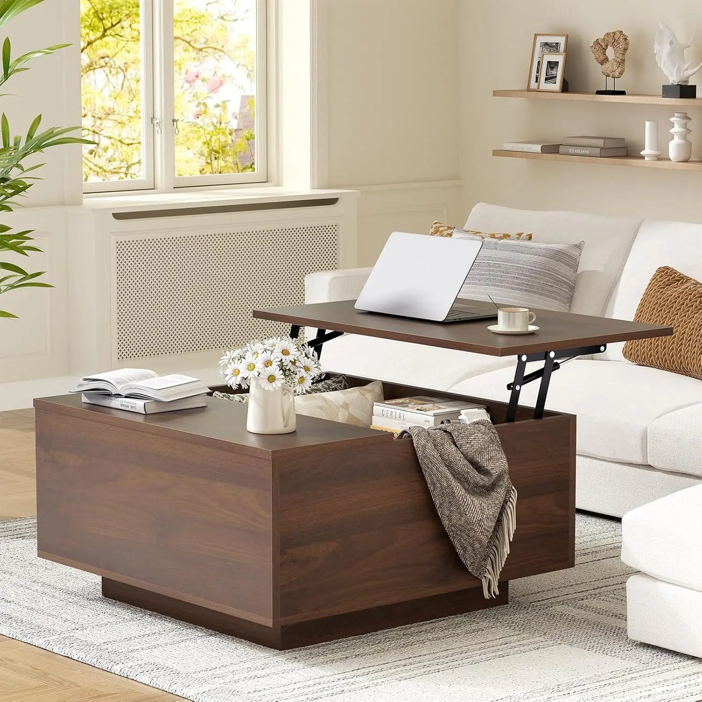 Lift Top Farmhouse Wood Coffee Table With Hidden Storage