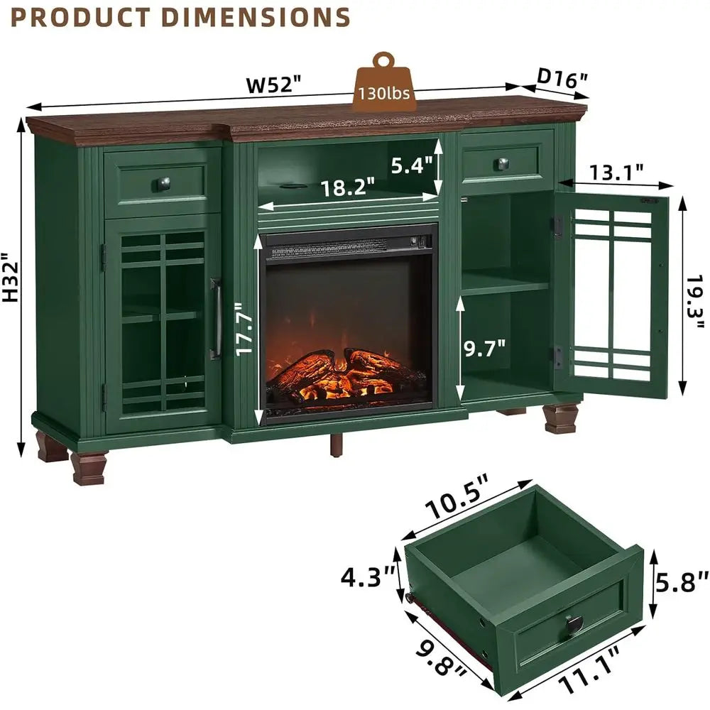 52" Fireplace TV Stand with 18”Silent Electric Fireplace, Farmhouse Entertainment Center for TVs up to 65", 2 Drawers TV Console