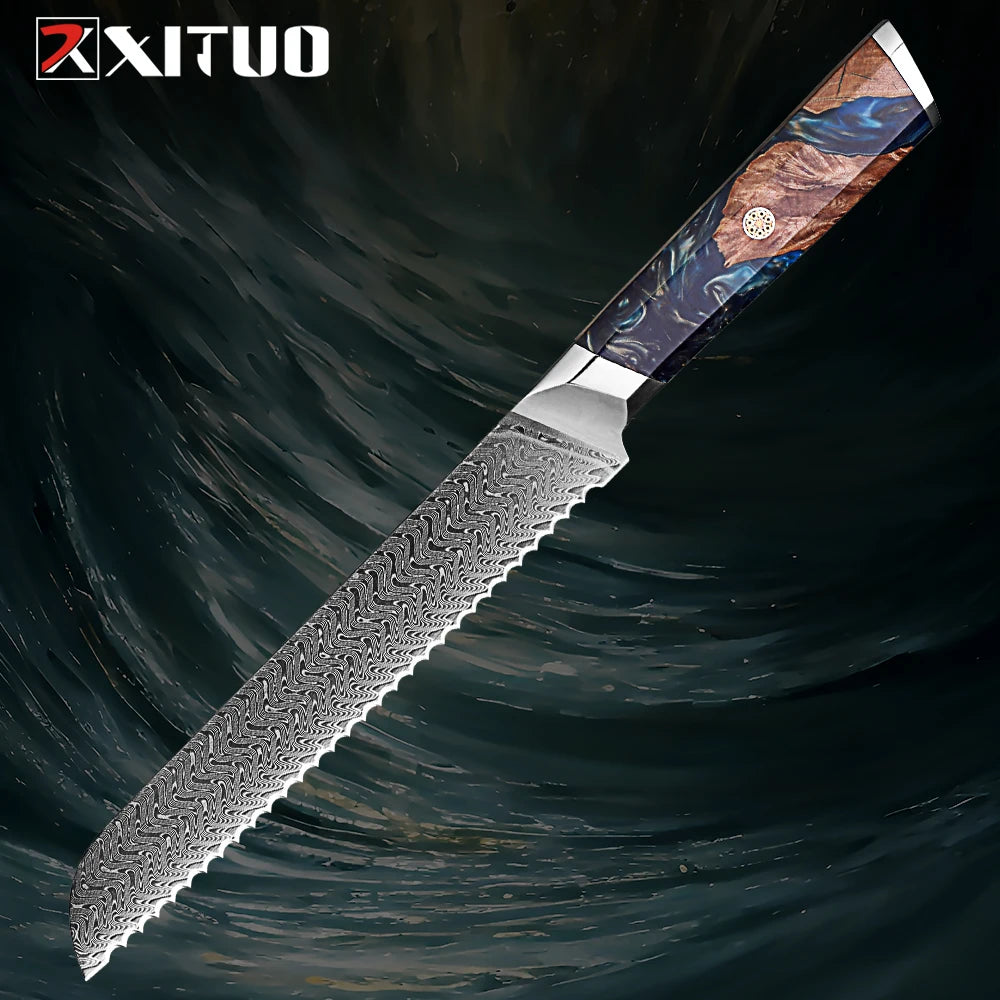 1-9 Pcs Damascus Knife Set Japanese Kitchen Knives VG10 Steel Core Ultra-Sharp Pro Chef Knife Set with Resin & Burl Wood Handles