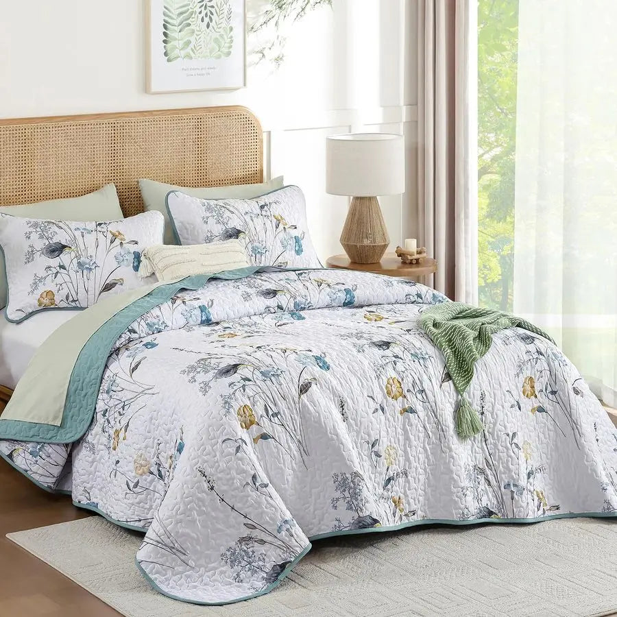 Teal Floral Quilt Set King Size, 3 Pieces Botanical Plants Pattern Bedspread Coverlet Set with 2 Pillowcases, Soft Lightweight M