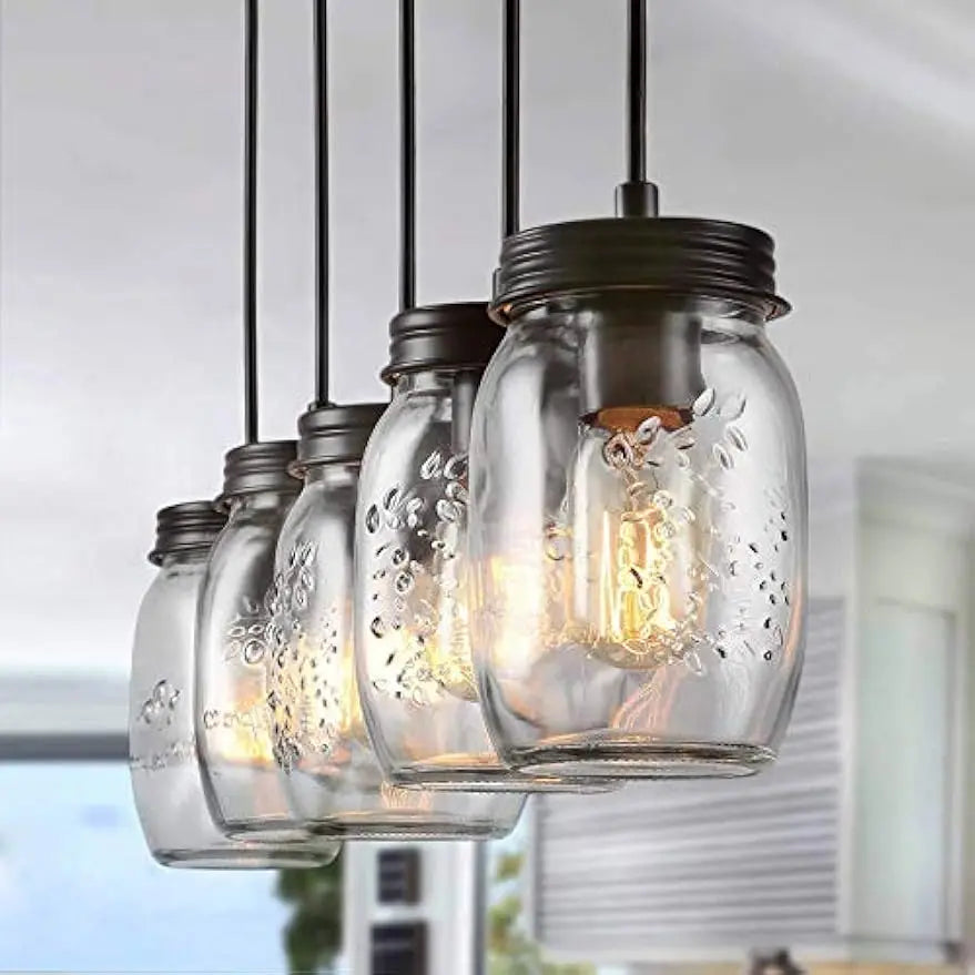 Five Light Mason Jar Chandelier Pendant Light With Glass Shades