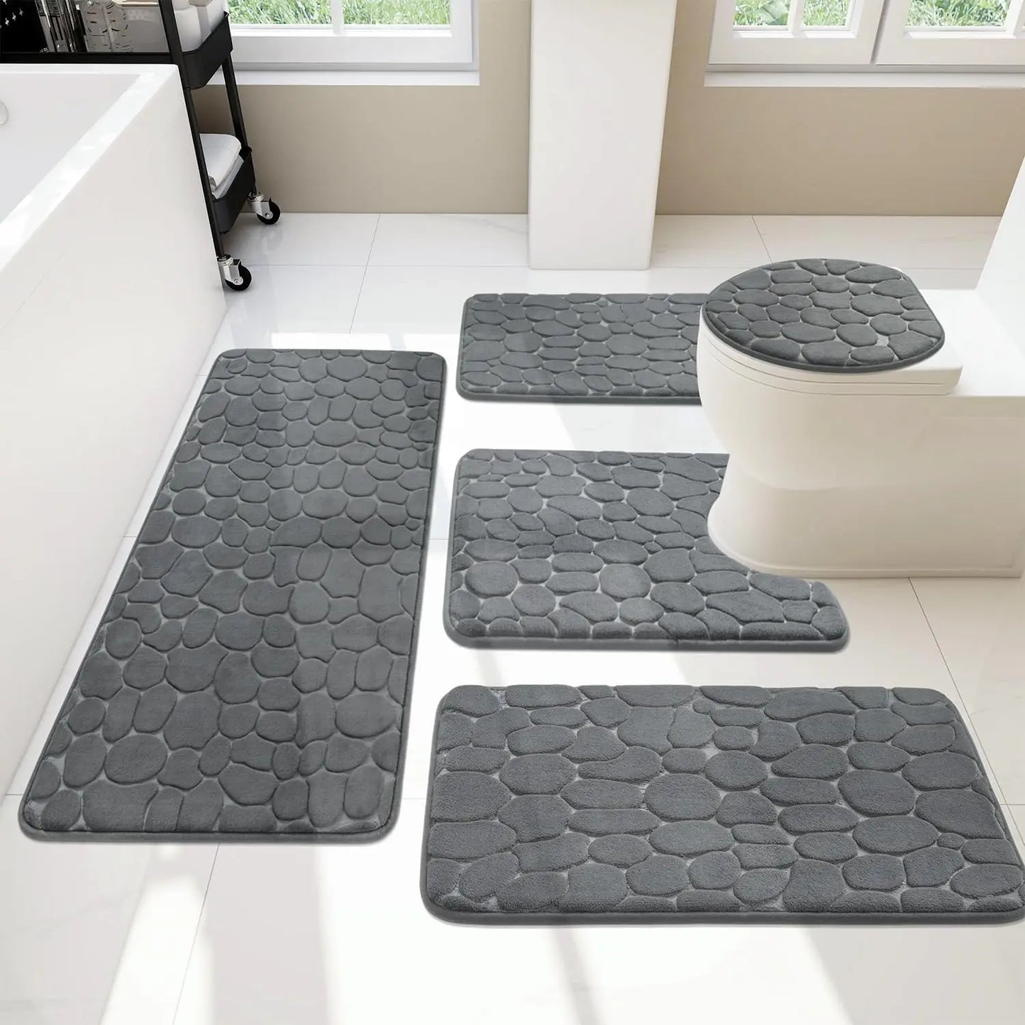 5-Piece Dark Grey Memory Foam Bathroom Rug Set, Non-Slip Water Absorbent Washable Mats for Sink, Toilet & Floor