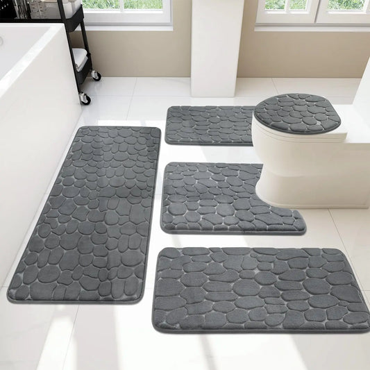 5-Piece Dark Grey Memory Foam Bathroom Rug Set, Non-Slip Water Absorbent Washable Mats for Sink, Toilet & Floor