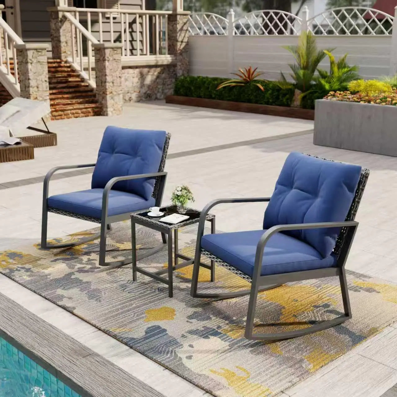 Bistro 3 Piece Patio Furniture Set, Patio Table and Rattan Outdoor Rocking Chairs Set of 2, Outdoor Bistro, Customized