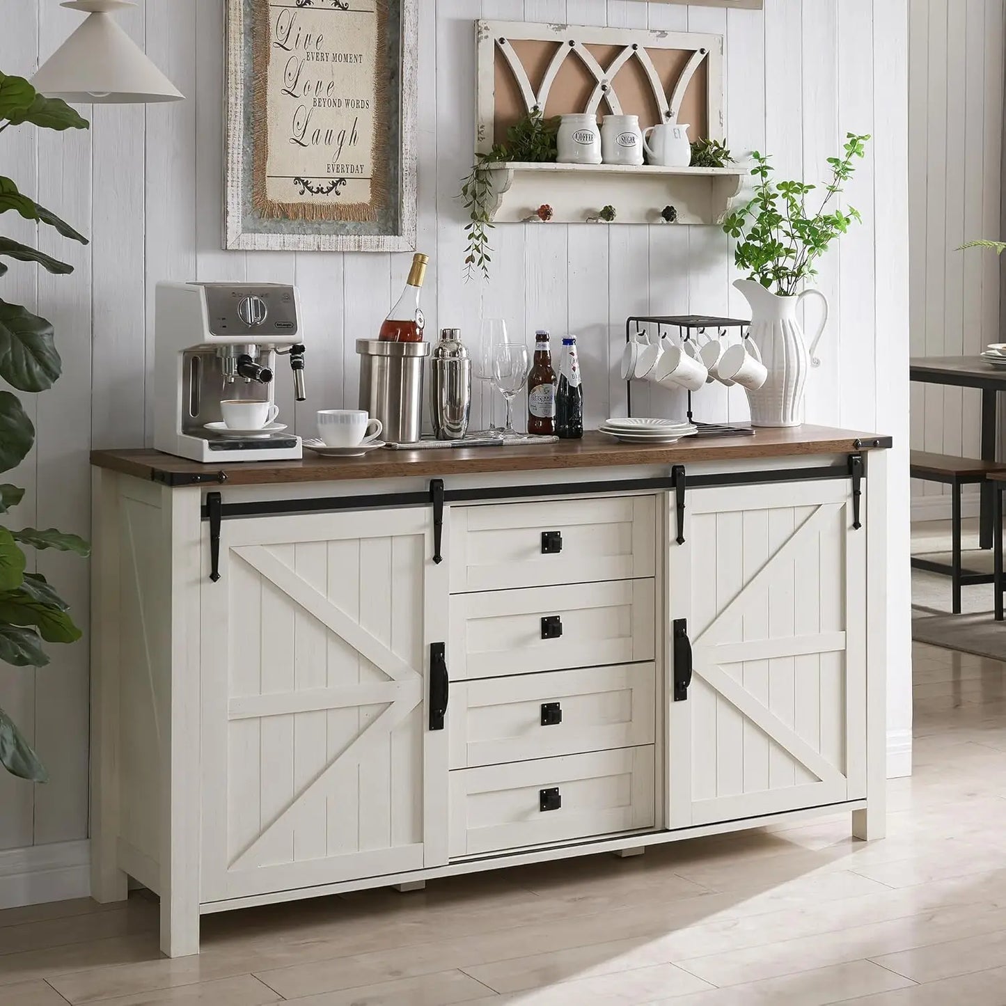 Rustic Wood Kitchen Cabinet With Sliding Barn Doors And Drawers