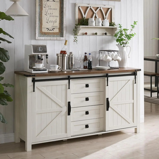 Rustic Wood Kitchen Cabinet With Sliding Barn Doors And Drawers