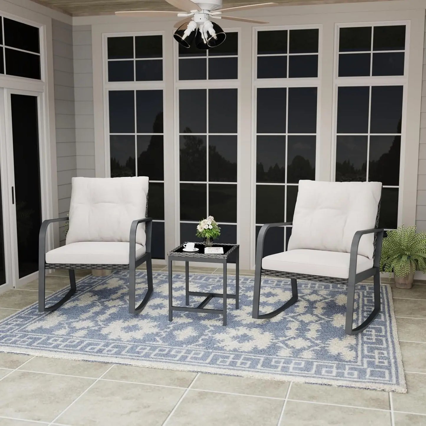 Bistro 3 Piece Patio Furniture Set, Patio Table and Rattan Outdoor Rocking Chairs Set of 2, Outdoor Bistro, Customized