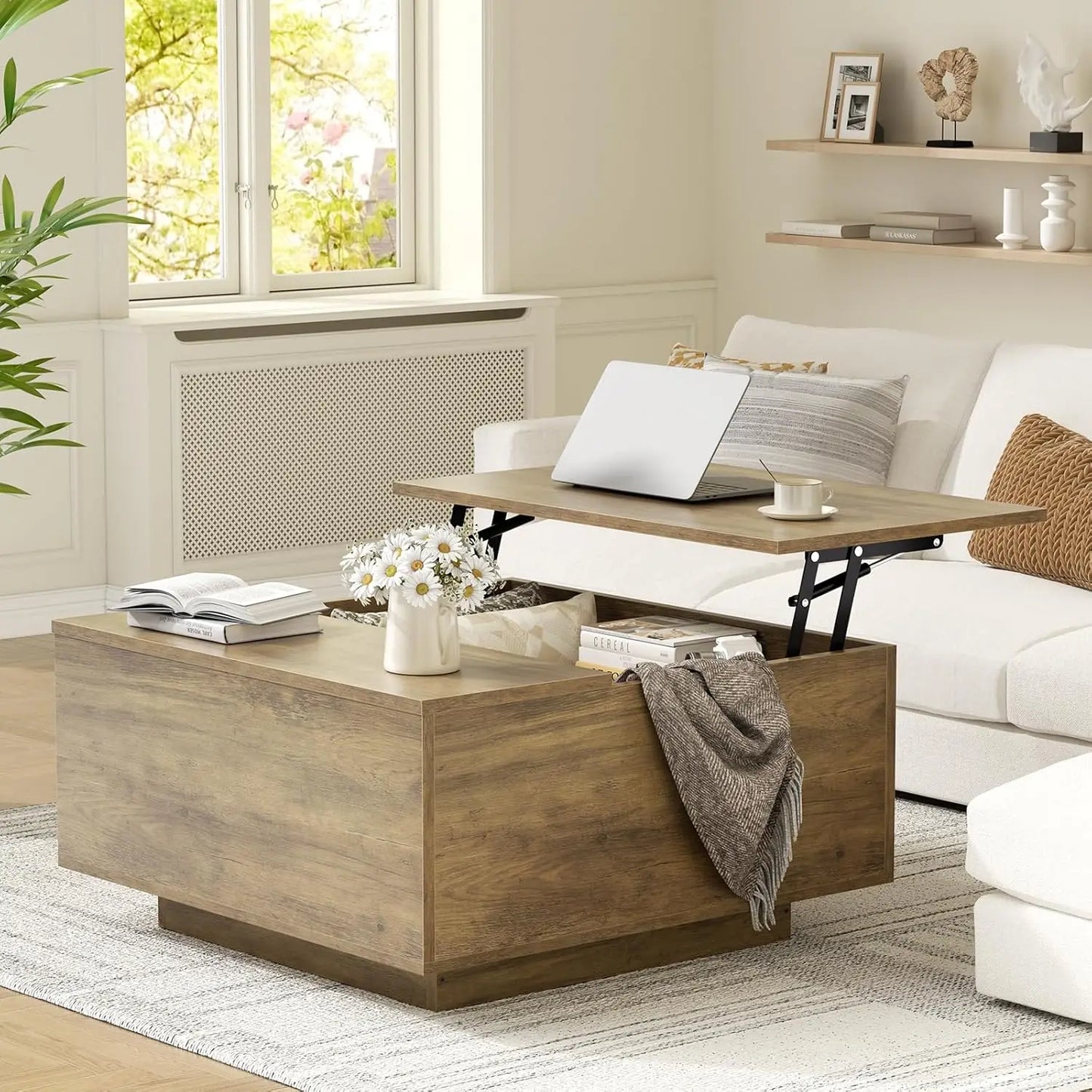 Lift Top Farmhouse Wood Coffee Table With Hidden Storage
