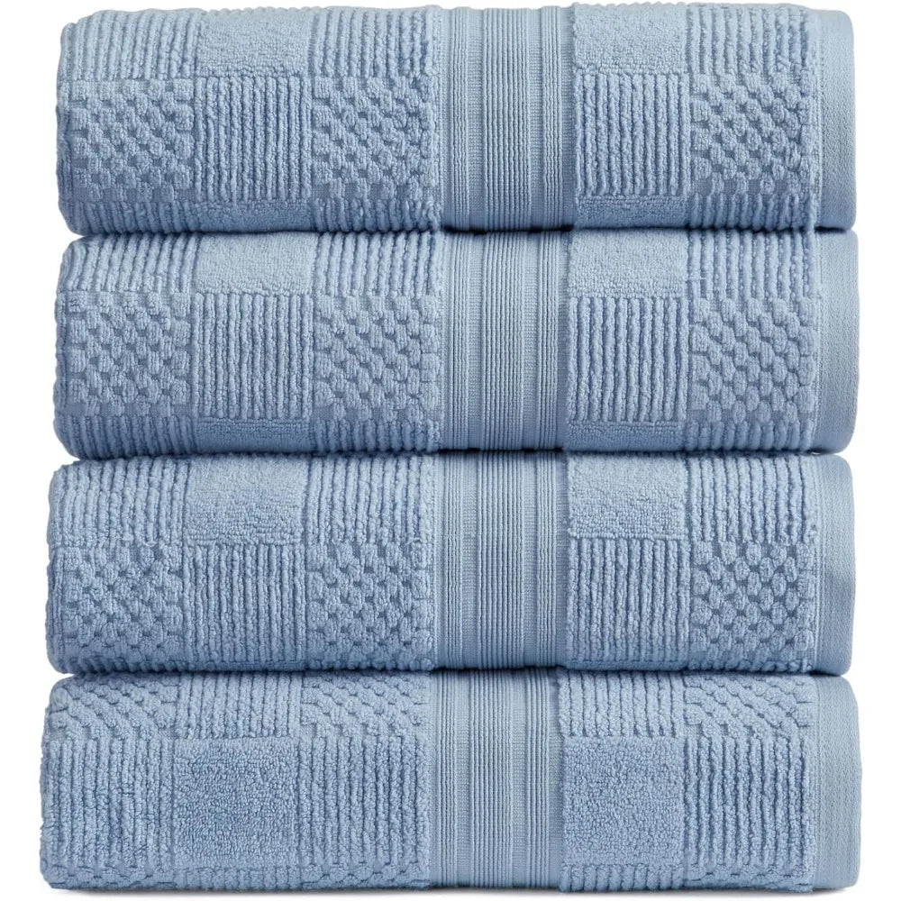 100% Cotton Bath Towel Set of 4 Blue Towels Geometric Textured Design Absorbent & Quick-Dry 4 Bath Towel