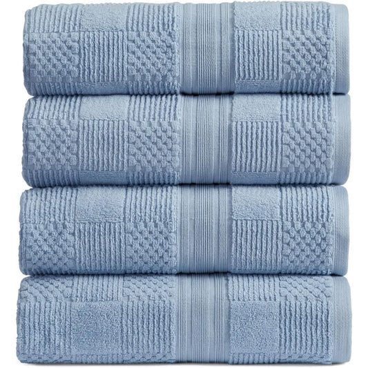 100% Cotton Bath Towel Set of 4 Blue Towels Geometric Textured Design Absorbent & Quick-Dry 4 Bath Towel