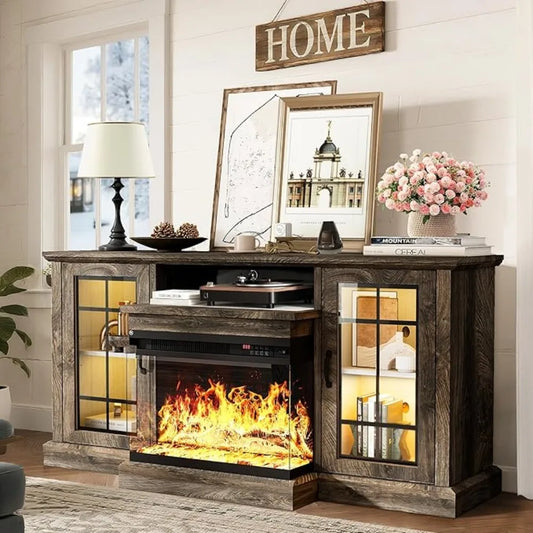 59'' Fireplace TV Stand, Farmhouse Entertainment Center with 3 Sided Glass TV Stand, Modern Media Console Table with,Customized