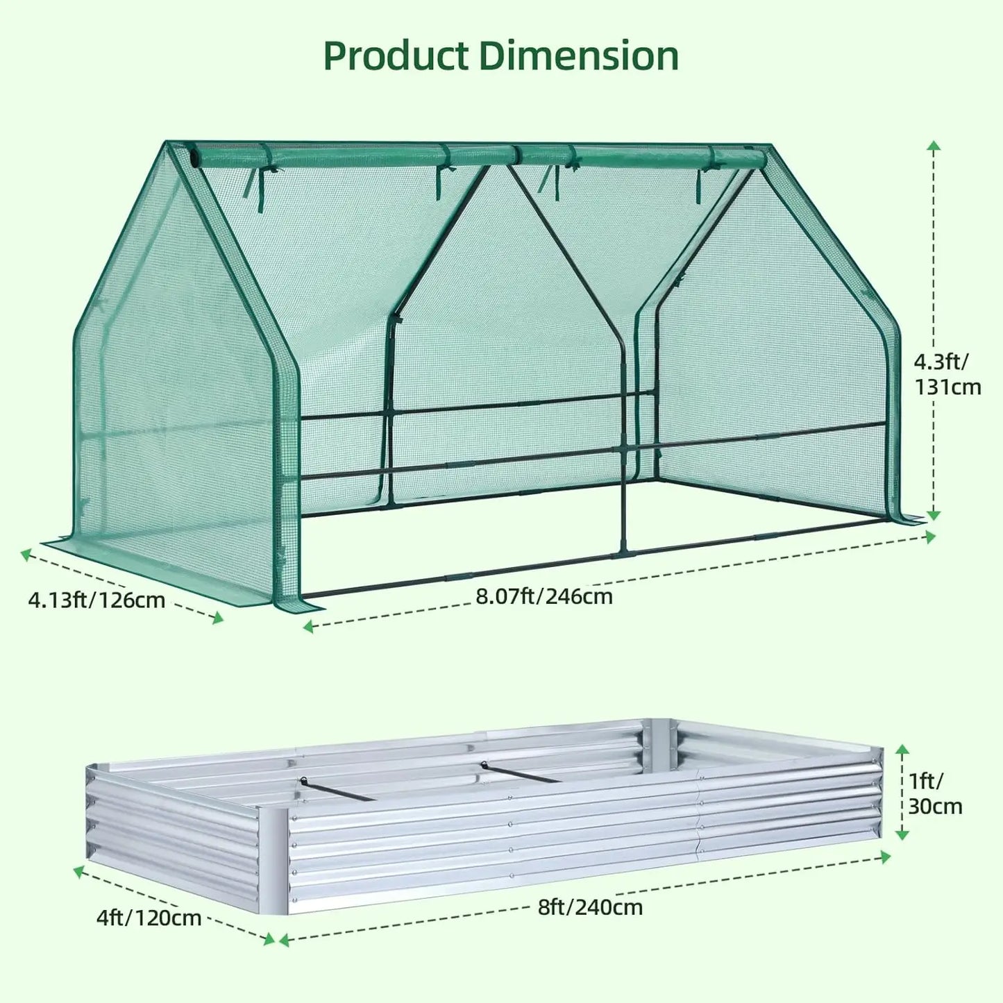 8x4ft Galvanized Raised Garden Bed with Greenhouse Cover, 4 Doors Ventilation, 3-in-1 Planter Box for Vegetables Flowers Herbs