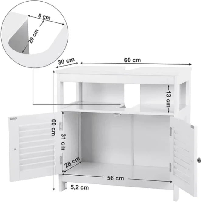 Under Sink Storage Cabinet with 2 Doors Open Shelf U Shape Cut Out Bathroom Under Sink Vanity for Toiletries Makeup