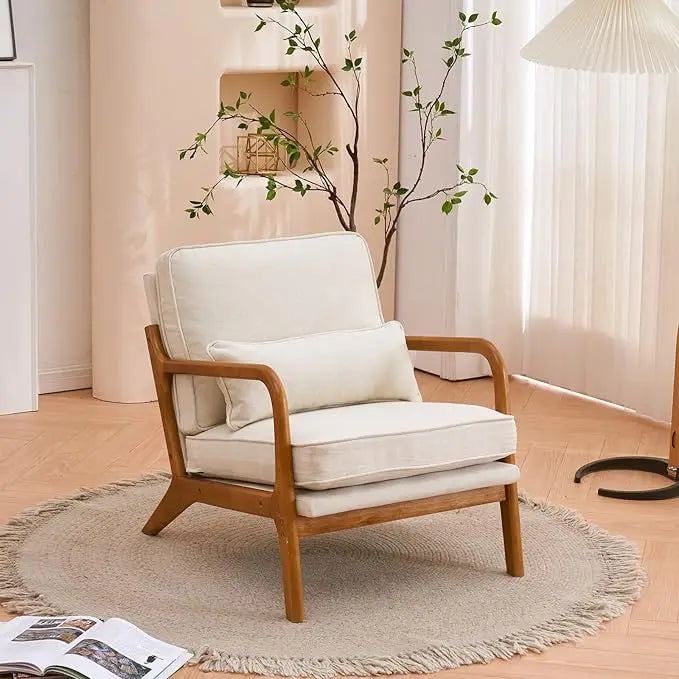 Mid-Century Modern Accent Chair, Living Room Chairs with Pillow Corduroy Upholstered Lounge Armchair with Solid Wood Frame