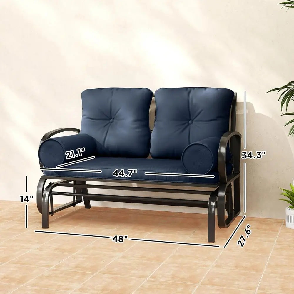 Blue Steel Frame Double Patio Swing Glider Bench, 2 Person Loveseat with Cushions and Pillowed Armrests