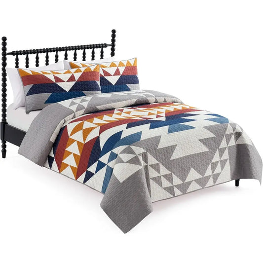 Cotton Lightweight Quilted Coverlet Set with 2 Shams, 110x96 inches, Blue Grey Multicolor, Washable Rustic Decor