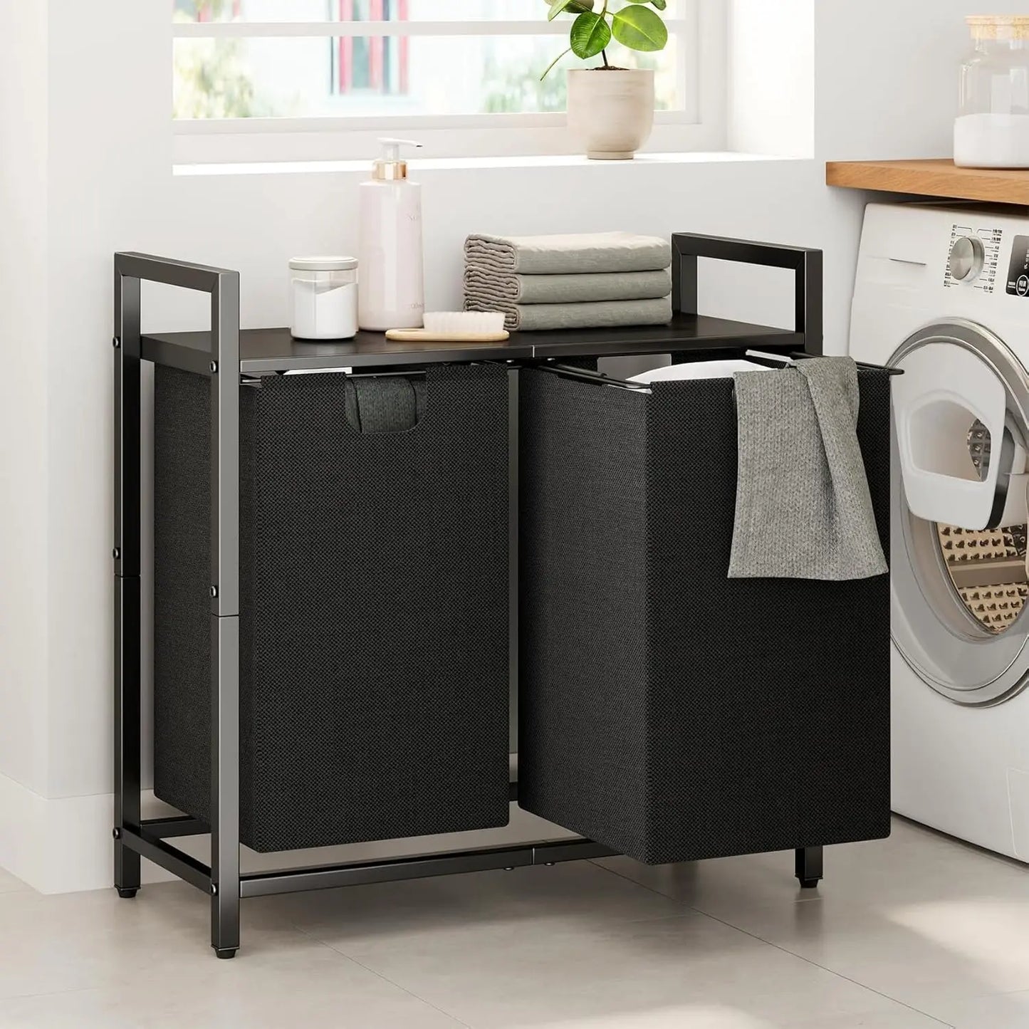 Laundry Basket Organizer with Shelf & Removable Bags, Dual Compartment Hamper for Laundry Room, Bathroom, Dorm