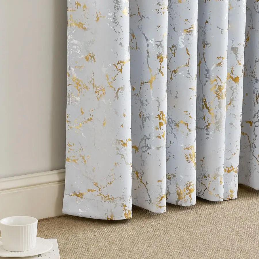 100 Blackout Gold Silver Foil Marble Print White Base Curtains for Living Room Bedroom 84 Inches Long Modern Room Darkening Soun