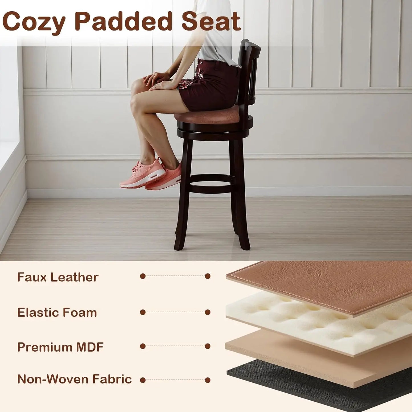 Rubberwood Swivel Bar Stools With Backrest And Faux Leather Seats