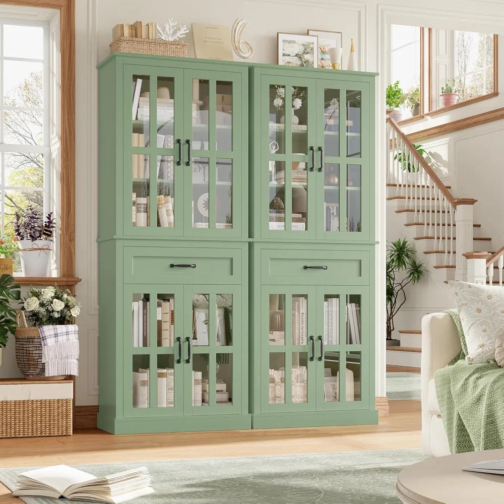 Freestanding Kitchen Pantry Cabinet With Glass Doors And Drawer