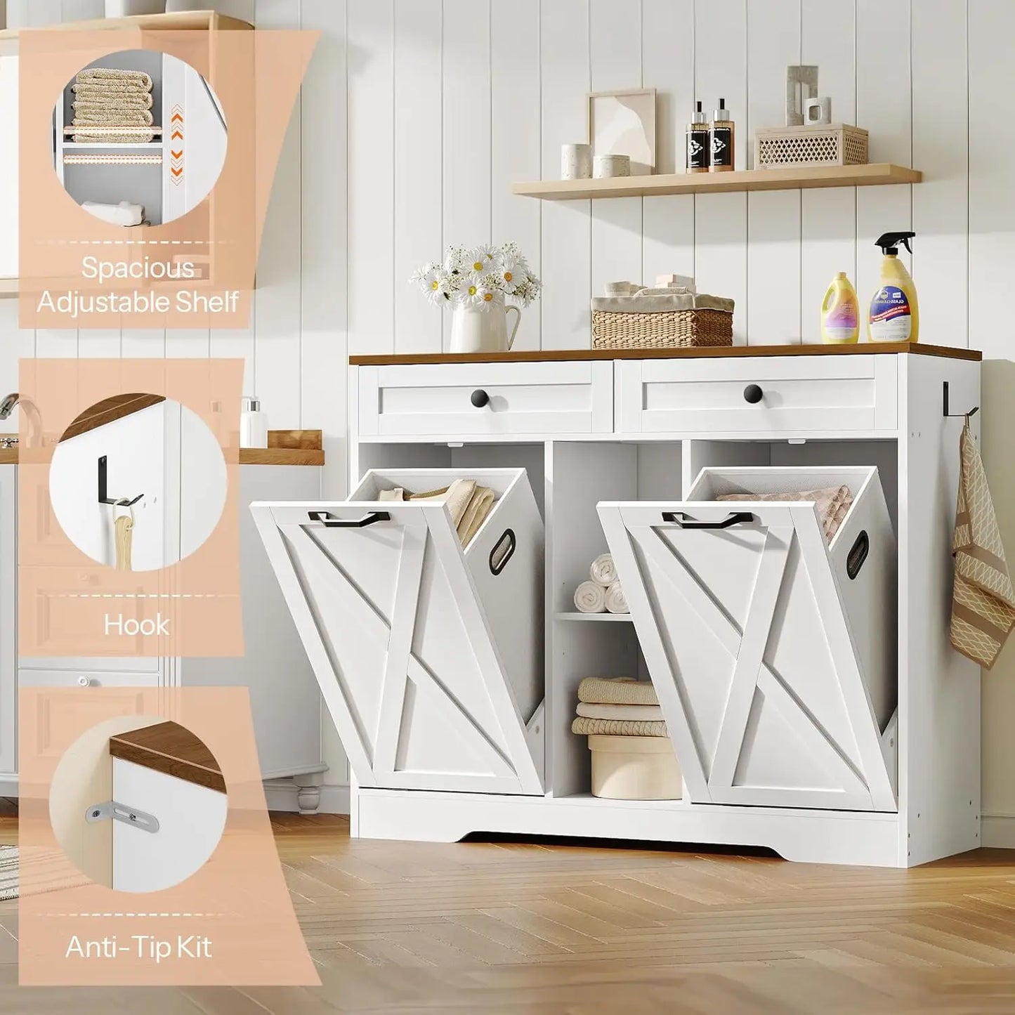 Double Tilt Out Laundry Hamper Cabinet, 23 Gallon Farmhouse Trash Can Cabinet with 2 Drawers and Open Shelving, Customized